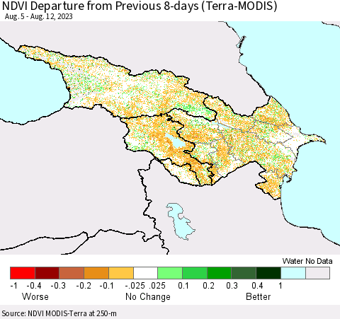 Azerbaijan, Armenia and Georgia NDVI Departure from Previous 8-days (Terra-MODIS) Thematic Map For 8/5/2023 - 8/12/2023