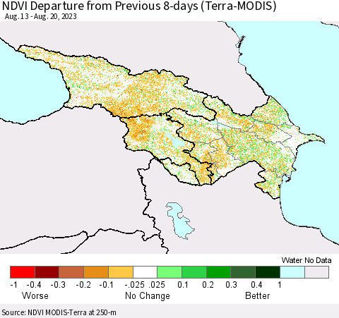 Azerbaijan, Armenia and Georgia NDVI Departure from Previous 8-days (Terra-MODIS) Thematic Map For 8/13/2023 - 8/20/2023