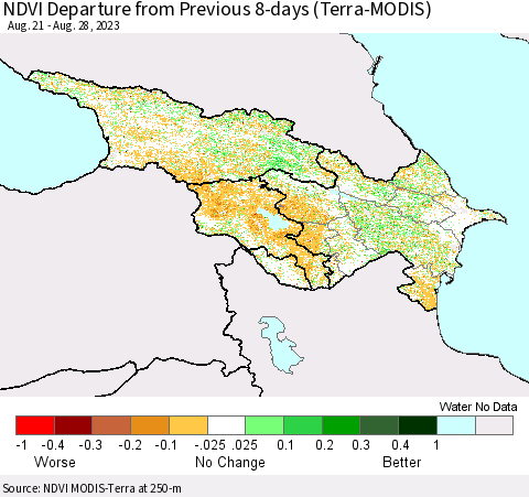 Azerbaijan, Armenia and Georgia NDVI Departure from Previous 8-days (Terra-MODIS) Thematic Map For 8/21/2023 - 8/28/2023