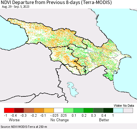 Azerbaijan, Armenia and Georgia NDVI Departure from Previous 8-days (Terra-MODIS) Thematic Map For 8/29/2023 - 9/5/2023