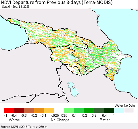Azerbaijan, Armenia and Georgia NDVI Departure from Previous 8-days (Terra-MODIS) Thematic Map For 9/6/2023 - 9/13/2023