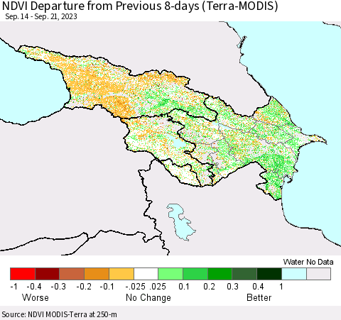 Azerbaijan, Armenia and Georgia NDVI Departure from Previous 8-days (Terra-MODIS) Thematic Map For 9/14/2023 - 9/21/2023