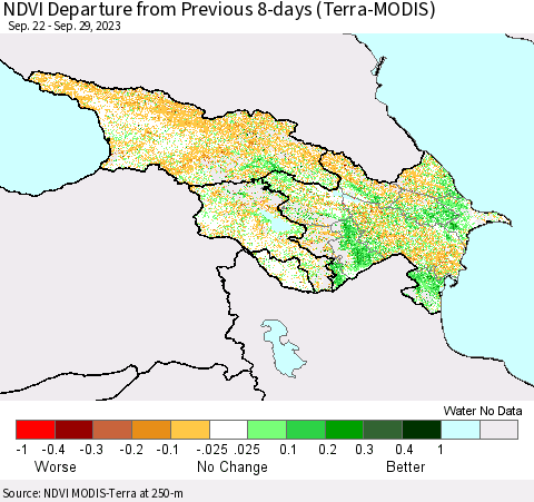 Azerbaijan, Armenia and Georgia NDVI Departure from Previous 8-days (Terra-MODIS) Thematic Map For 9/22/2023 - 9/29/2023