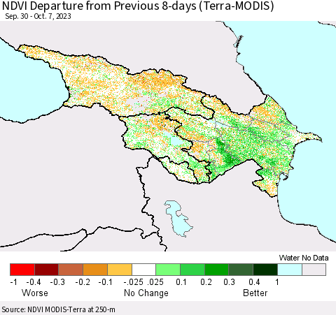 Azerbaijan, Armenia and Georgia NDVI Departure from Previous 8-days (Terra-MODIS) Thematic Map For 9/30/2023 - 10/7/2023