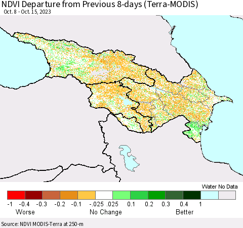 Azerbaijan, Armenia and Georgia NDVI Departure from Previous 8-days (Terra-MODIS) Thematic Map For 10/8/2023 - 10/15/2023