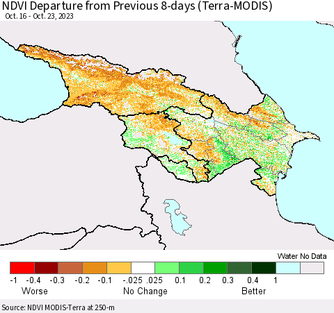 Azerbaijan, Armenia and Georgia NDVI Departure from Previous 8-days (Terra-MODIS) Thematic Map For 10/16/2023 - 10/23/2023