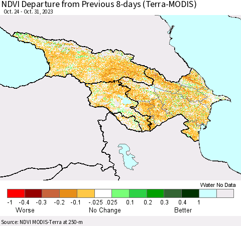 Azerbaijan, Armenia and Georgia NDVI Departure from Previous 8-days (Terra-MODIS) Thematic Map For 10/24/2023 - 10/31/2023