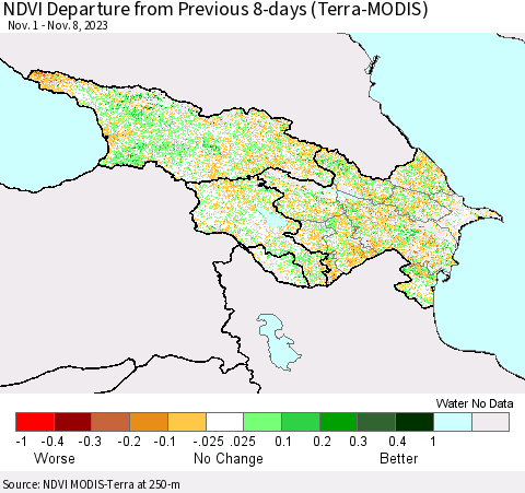 Azerbaijan, Armenia and Georgia NDVI Departure from Previous 8-days (Terra-MODIS) Thematic Map For 11/1/2023 - 11/8/2023