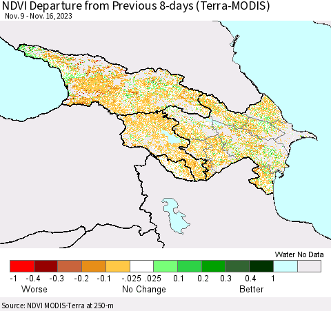 Azerbaijan, Armenia and Georgia NDVI Departure from Previous 8-days (Terra-MODIS) Thematic Map For 11/9/2023 - 11/16/2023
