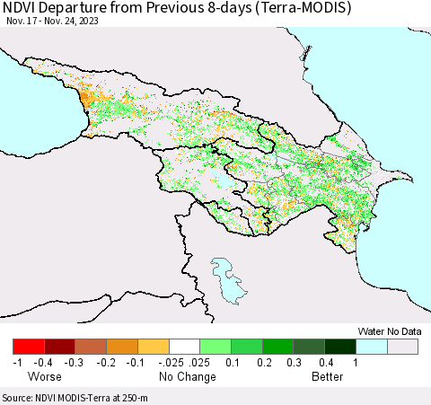 Azerbaijan, Armenia and Georgia NDVI Departure from Previous 8-days (Terra-MODIS) Thematic Map For 11/17/2023 - 11/24/2023