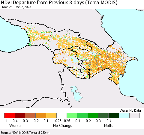 Azerbaijan, Armenia and Georgia NDVI Departure from Previous 8-days (Terra-MODIS) Thematic Map For 11/25/2023 - 12/2/2023