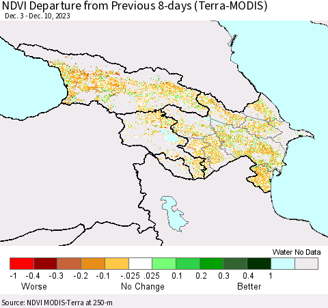 Azerbaijan, Armenia and Georgia NDVI Departure from Previous 8-days (Terra-MODIS) Thematic Map For 12/3/2023 - 12/10/2023