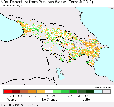 Azerbaijan, Armenia and Georgia NDVI Departure from Previous 8-days (Terra-MODIS) Thematic Map For 12/19/2023 - 12/26/2023