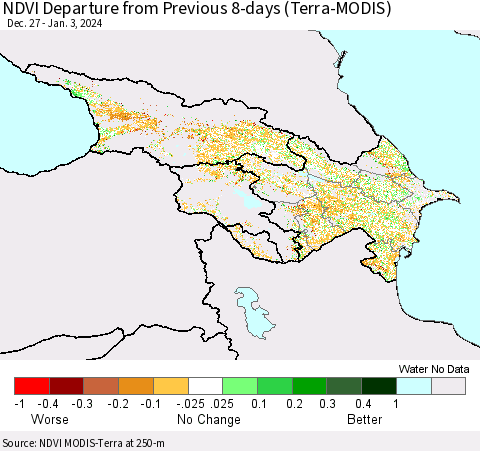 Azerbaijan, Armenia and Georgia NDVI Departure from Previous 8-days (Terra-MODIS) Thematic Map For 12/27/2023 - 1/3/2024
