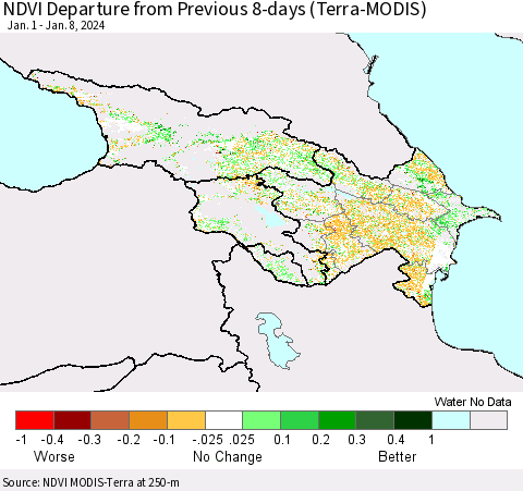 Azerbaijan, Armenia and Georgia NDVI Departure from Previous 8-days (Terra-MODIS) Thematic Map For 1/1/2024 - 1/8/2024