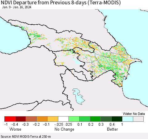 Azerbaijan, Armenia and Georgia NDVI Departure from Previous 8-days (Terra-MODIS) Thematic Map For 1/9/2024 - 1/16/2024