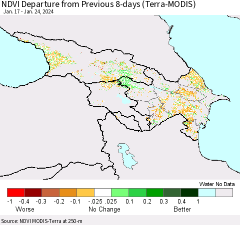 Azerbaijan, Armenia and Georgia NDVI Departure from Previous 8-days (Terra-MODIS) Thematic Map For 1/17/2024 - 1/24/2024