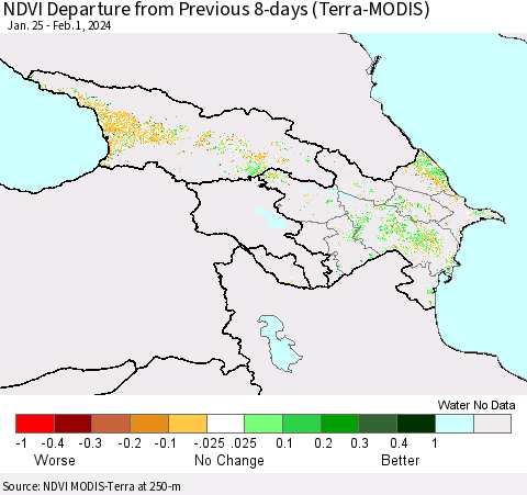 Azerbaijan, Armenia and Georgia NDVI Departure from Previous 8-days (Terra-MODIS) Thematic Map For 1/25/2024 - 2/1/2024