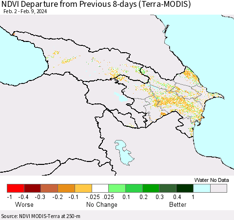 Azerbaijan, Armenia and Georgia NDVI Departure from Previous 8-days (Terra-MODIS) Thematic Map For 2/2/2024 - 2/9/2024