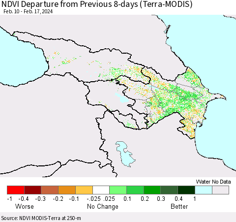 Azerbaijan, Armenia and Georgia NDVI Departure from Previous 8-days (Terra-MODIS) Thematic Map For 2/10/2024 - 2/17/2024
