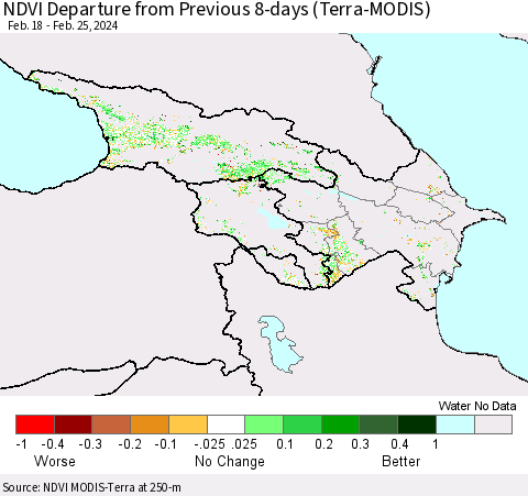 Azerbaijan, Armenia and Georgia NDVI Departure from Previous 8-days (Terra-MODIS) Thematic Map For 2/18/2024 - 2/25/2024