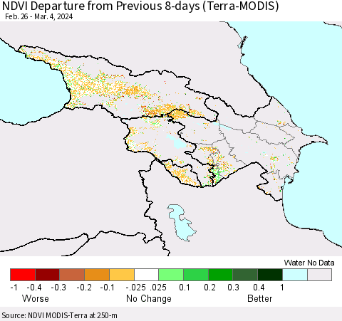Azerbaijan, Armenia and Georgia NDVI Departure from Previous 8-days (Terra-MODIS) Thematic Map For 2/26/2024 - 3/4/2024