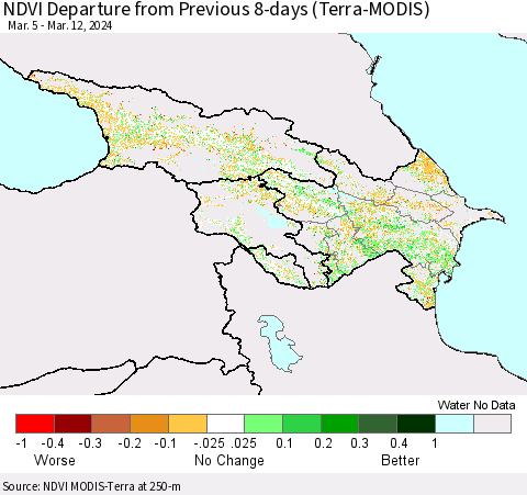 Azerbaijan, Armenia and Georgia NDVI Departure from Previous 8-days (Terra-MODIS) Thematic Map For 3/5/2024 - 3/12/2024