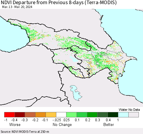 Azerbaijan, Armenia and Georgia NDVI Departure from Previous 8-days (Terra-MODIS) Thematic Map For 3/13/2024 - 3/20/2024