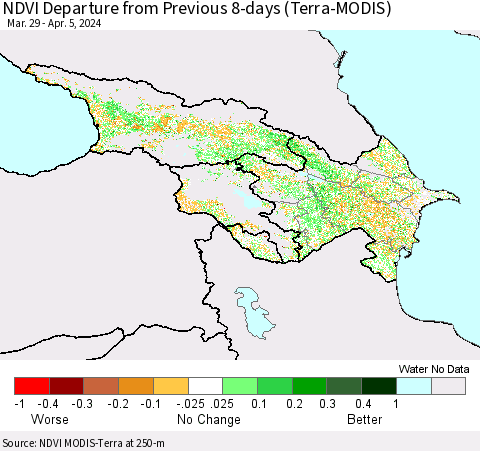 Azerbaijan, Armenia and Georgia NDVI Departure from Previous 8-days (Terra-MODIS) Thematic Map For 3/29/2024 - 4/5/2024