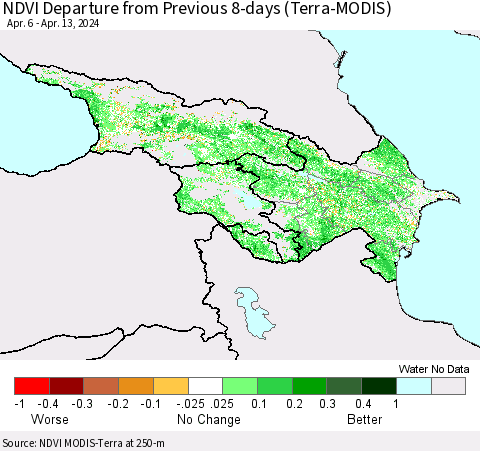 Azerbaijan, Armenia and Georgia NDVI Departure from Previous 8-days (Terra-MODIS) Thematic Map For 4/6/2024 - 4/13/2024
