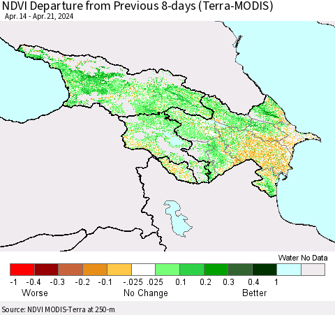 Azerbaijan, Armenia and Georgia NDVI Departure from Previous 8-days (Terra-MODIS) Thematic Map For 4/14/2024 - 4/21/2024