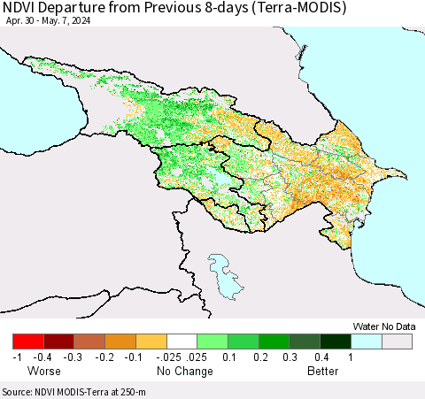 Azerbaijan, Armenia and Georgia NDVI Departure from Previous 8-days (Terra-MODIS) Thematic Map For 4/30/2024 - 5/7/2024