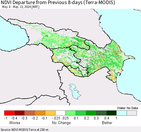 Azerbaijan, Armenia and Georgia NDVI Departure from Previous 8-days (Terra-MODIS) Thematic Map For 5/8/2024 - 5/15/2024