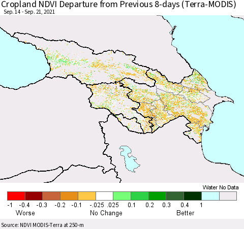 Azerbaijan, Armenia and Georgia Cropland NDVI Departure from Previous 8-days (Terra-MODIS) Thematic Map For 9/14/2021 - 9/21/2021