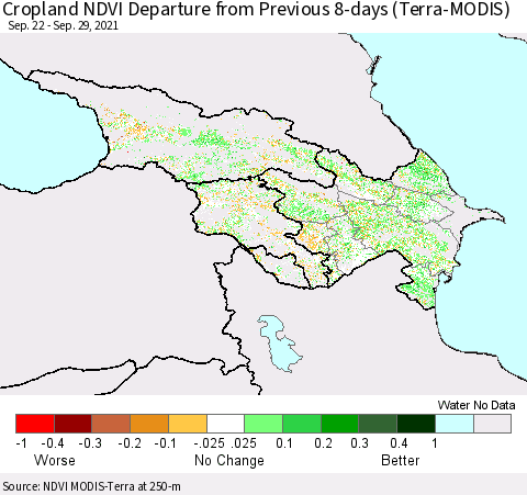 Azerbaijan, Armenia and Georgia Cropland NDVI Departure from Previous 8-days (Terra-MODIS) Thematic Map For 9/22/2021 - 9/29/2021