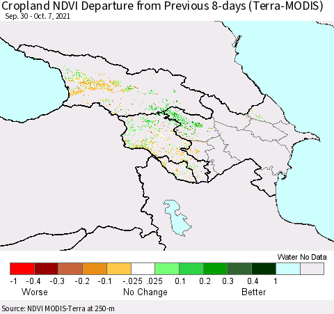 Azerbaijan, Armenia and Georgia Cropland NDVI Departure from Previous 8-days (Terra-MODIS) Thematic Map For 9/30/2021 - 10/7/2021