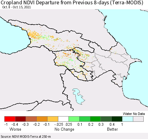 Azerbaijan, Armenia and Georgia Cropland NDVI Departure from Previous 8-days (Terra-MODIS) Thematic Map For 10/8/2021 - 10/15/2021
