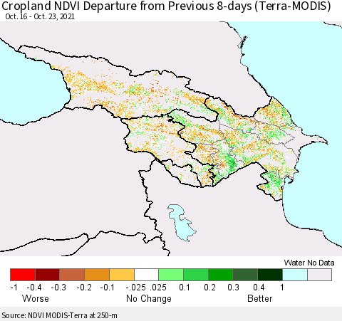 Azerbaijan, Armenia and Georgia Cropland NDVI Departure from Previous 8-days (Terra-MODIS) Thematic Map For 10/16/2021 - 10/23/2021