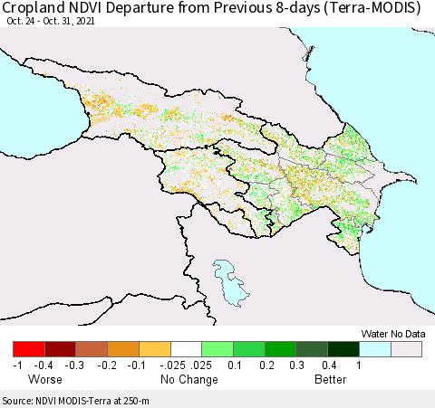 Azerbaijan, Armenia and Georgia Cropland NDVI Departure from Previous 8-days (Terra-MODIS) Thematic Map For 10/24/2021 - 10/31/2021