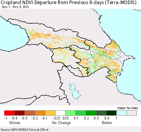 Azerbaijan, Armenia and Georgia Cropland NDVI Departure from Previous 8-days (Terra-MODIS) Thematic Map For 11/1/2021 - 11/8/2021