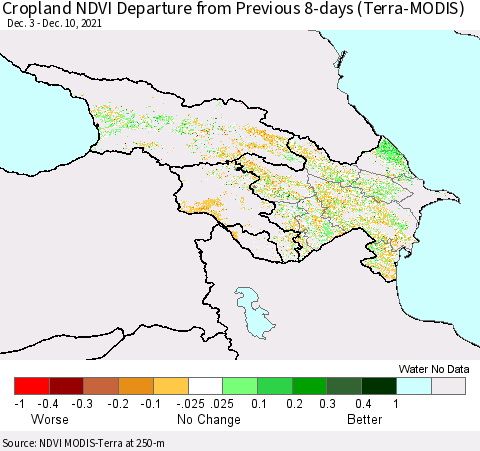 Azerbaijan, Armenia and Georgia Cropland NDVI Departure from Previous 8-days (Terra-MODIS) Thematic Map For 12/3/2021 - 12/10/2021