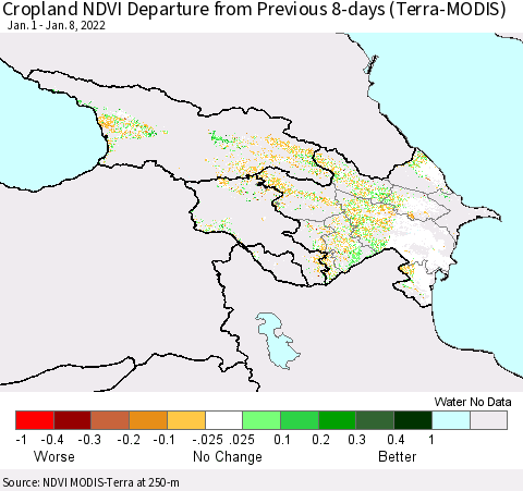 Azerbaijan, Armenia and Georgia Cropland NDVI Departure from Previous 8-days (Terra-MODIS) Thematic Map For 1/1/2022 - 1/8/2022