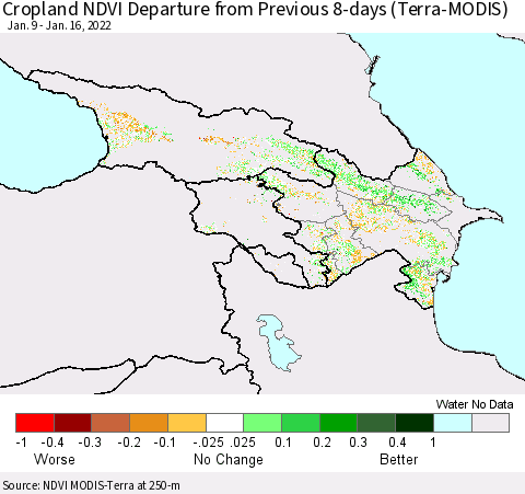 Azerbaijan, Armenia and Georgia Cropland NDVI Departure from Previous 8-days (Terra-MODIS) Thematic Map For 1/9/2022 - 1/16/2022