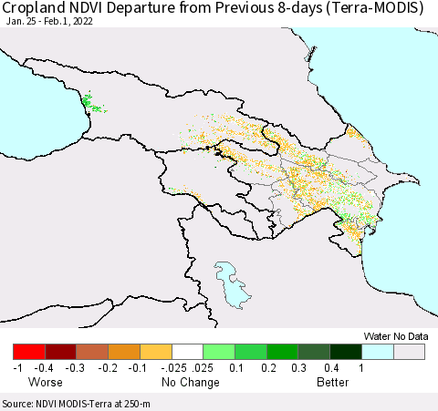 Azerbaijan, Armenia and Georgia Cropland NDVI Departure from Previous 8-days (Terra-MODIS) Thematic Map For 1/25/2022 - 2/1/2022