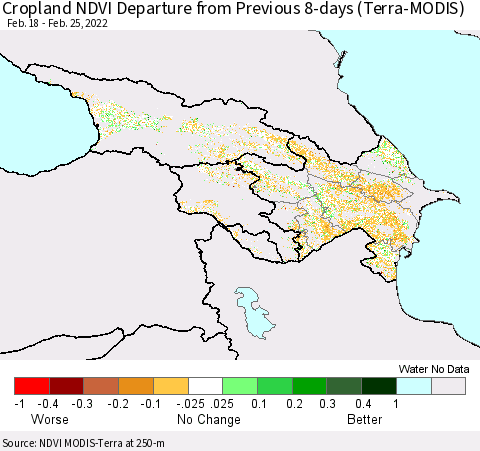 Azerbaijan, Armenia and Georgia Cropland NDVI Departure from Previous 8-days (Terra-MODIS) Thematic Map For 2/18/2022 - 2/25/2022