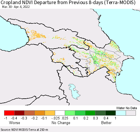 Azerbaijan, Armenia and Georgia Cropland NDVI Departure from Previous 8-days (Terra-MODIS) Thematic Map For 3/30/2022 - 4/6/2022