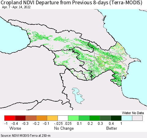 Azerbaijan, Armenia and Georgia Cropland NDVI Departure from Previous 8-days (Terra-MODIS) Thematic Map For 4/7/2022 - 4/14/2022