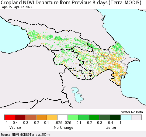 Azerbaijan, Armenia and Georgia Cropland NDVI Departure from Previous 8-days (Terra-MODIS) Thematic Map For 4/15/2022 - 4/22/2022