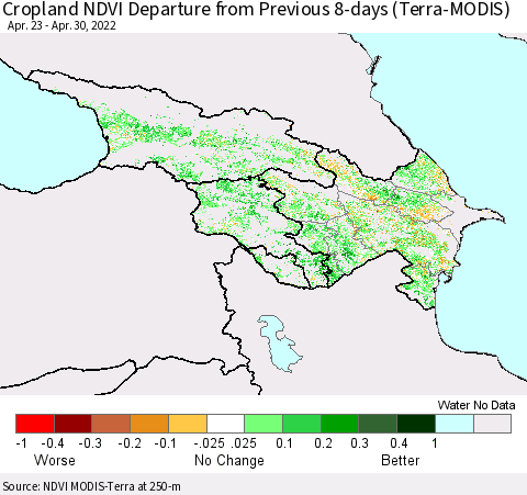 Azerbaijan, Armenia and Georgia Cropland NDVI Departure from Previous 8-days (Terra-MODIS) Thematic Map For 4/23/2022 - 4/30/2022