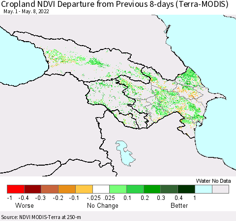 Azerbaijan, Armenia and Georgia Cropland NDVI Departure from Previous 8-days (Terra-MODIS) Thematic Map For 5/1/2022 - 5/8/2022